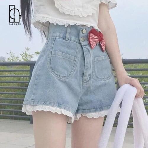 Japanese Kawaii Sweet Jeans Women Summer 2021 Blue Casual Lolita Wide-legged Pant Lace High Street Pretty Korean Style Clothing