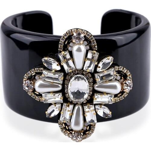 HAHA&TOTO Trendy Black Resin Bangle Cuff Bracelet Inlaid Handmade Crystal Beaded Flower Statement Bracelet Women Jewelry 3297