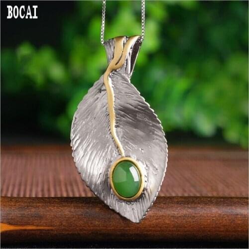 Real 925 solid sterling silver with natural stone pendant vintage ethnic style leaf pendant