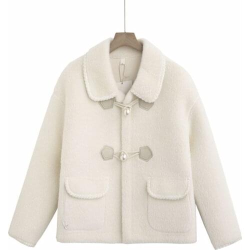 PERHAPS U Women White Faux Fur Pearl Button Turn Down Collar Pocket Winter Elegant Chic C0558