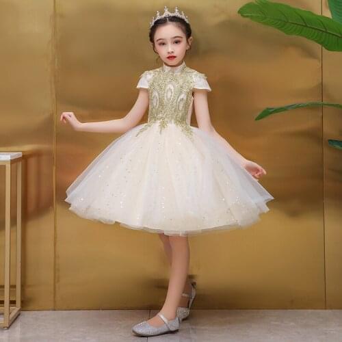 Flower Girl Dress Sequined Embroidery High Short Princess Knee-Length Tulle Luxury Champagne Lace Elegant Kids Party Gown H185