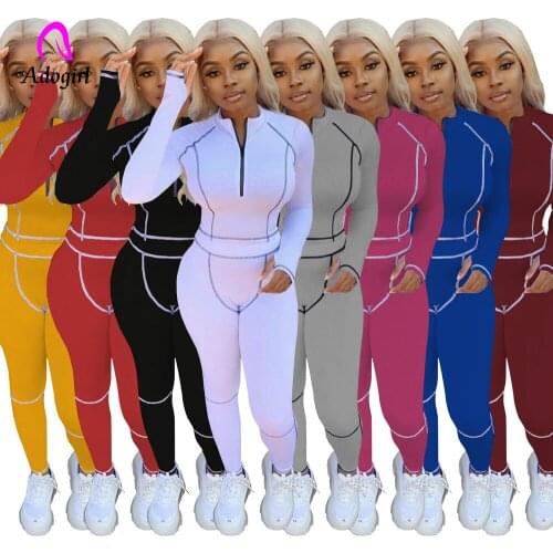 Plain Striped Print Casual Women Two Piece Sets Autumn Tracksuits Workout Full Sleeve Skinny Tops and Jogger Pant Sporty Outfit