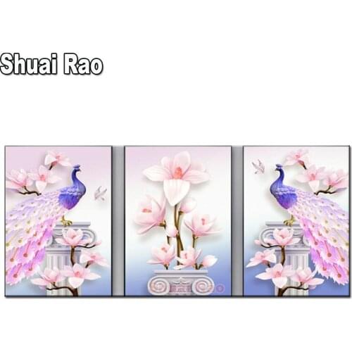 Triptych DIY Diamond Embroidery Animal Peacocks,3d Cross stitch Diamond Painting Round Drill Picture Of Decor Christmas present