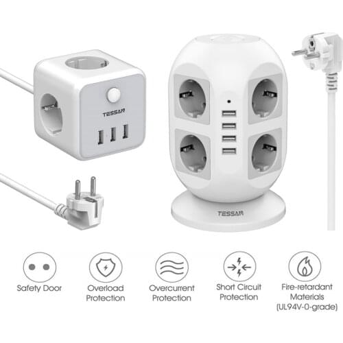 TESSAN Multi Outlets Extension Socket with On/Off Swtich and 1.5/2M Wire Desktop USB Power Strip EU Plug Power Outlets Extender