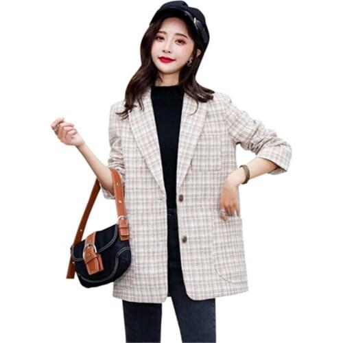 2019 Spring autumn plaid suit women fashion casual blazers jacket female slim single-breasted Big pocket blazers plus size A2897