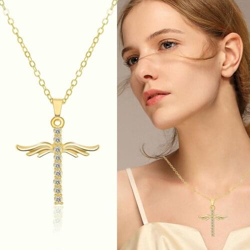 WANGAIYAO new fashion temperament angel wings ladies pendant simple and versatile cross inlaid zircon jewelry necklace Valentine