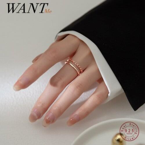 WANTME 925 Sterling Silver Minimalist Double Punk Link Chain Gothic Open Ring for Women Men Rock Party Fashion Charm Jewelry