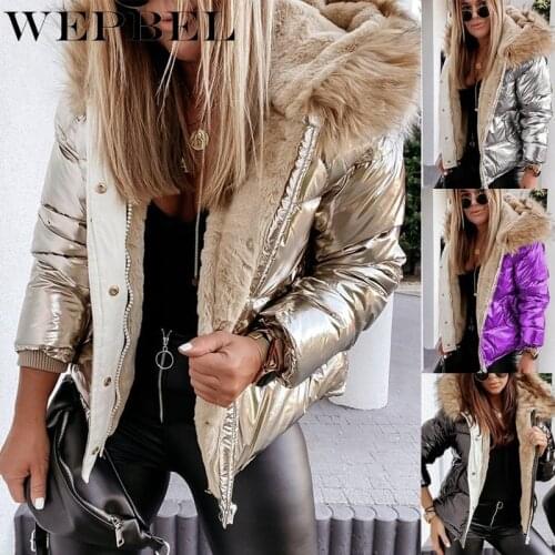 WEPBEL Womens Winter Down Jacket Plus Size Hooded Fur Collar Coats women Causal Pockets Loose Shiny Glossy Thick Warm Cold Coat