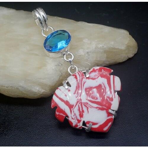 Gemstonefactory Jewelry Big Promotion 925 Silver Special Hot Sale Red Jasper Blue Topaz Women Ladies Gifts Necklace Pendant 0654