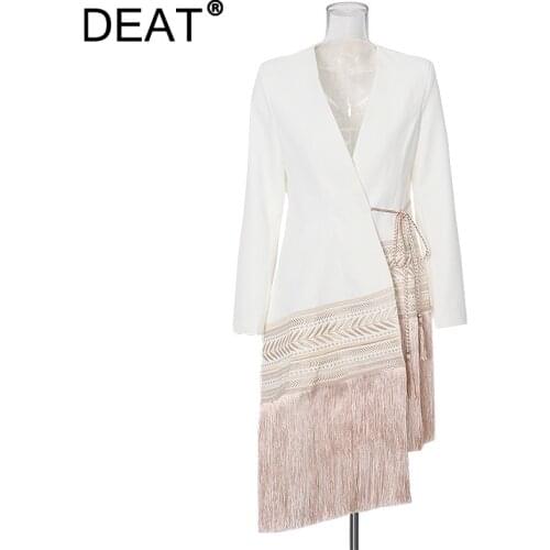 DEAT Woman Blazer Tassel Embroidery Patchwork Laceing V Collar Long Sleeve High Street Style Slim Jacket 2021 New Autumn 15XF837