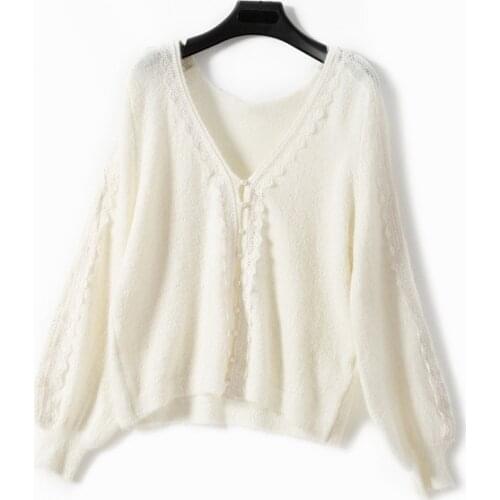 Stylish Women V Neck Hollow Out Lace Crochet Patchwork Knitting Cardigan Sweater - Ladies Casual Fashion Knit Jumper Top