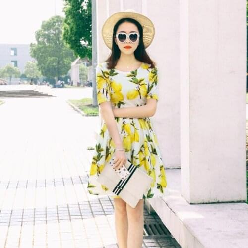 Womens summer Fall Retro Vintage lemon flora printed Above-Knee Dress high waist Short Sleeves pleated A-Line Dresses
