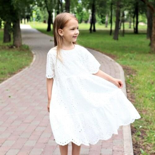 2020 Summer 100% Cotton White Lace Dresses for Girls Korea Princess Hollow Out Loose Dresses Teen Girls Outfit 10 12 14 years