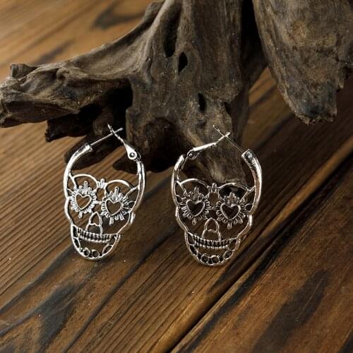 2021 Wholesale Original Gothic Victorian Punk Dark Wind Ancient Silver Color Pattern Skull Ear Stud Earrings