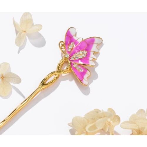 Bastiee Pink Butterfly 925 Sterling Silver Hair Stick For Women Luxury Wedding Hairpin Hanfu Accessories Golden Plated