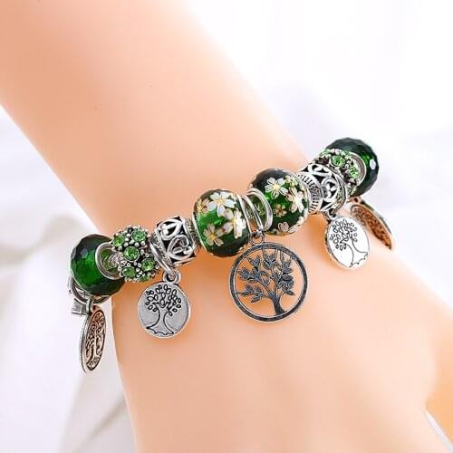 Silver Tree Of Life Fashion Peridot Flower Bead Charm Bracelet Green Leaf Floral Crystal Charms Bracelet &Bangle Jewelry