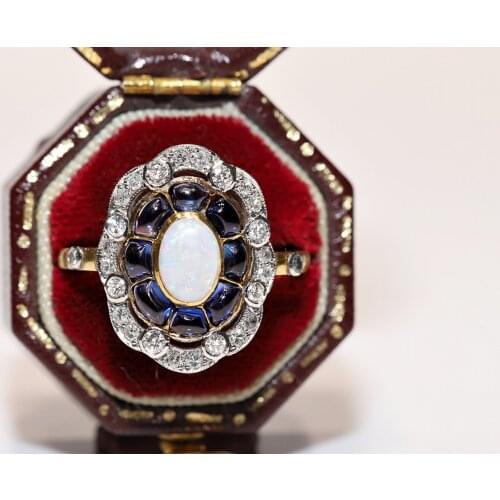 Perfect Art Deco Antique 18k Gold Natural Diamond And Caliber Sapphire Opaline Decorated Pretty Ring