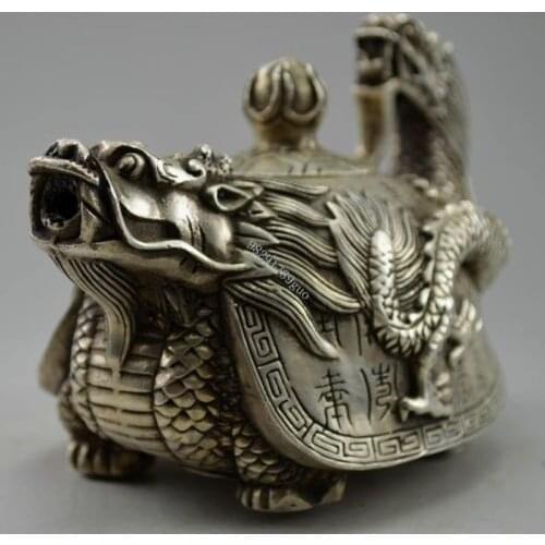 Exquisite Collectible Decorated Old Handwork Tibetan Silver Carved Dragon Tortoise Tea Pot