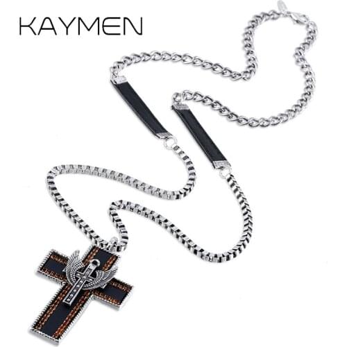 KAYMEN New Fashion Vintage Cross Pendant Necklace Unisex Jewelry Angel Wings Shape Punk Long Chain Pendant Maxi Bijoux NK-01568