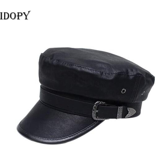 Idopy Casual Faux Leather Cap Woman Pu Leather Beret Flat Hats Captain Cap Trucker Vintage Black Sport Dad Bone Cadet Hat