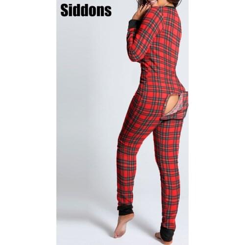 Women Fashion Casual Plaid Button Design Plunge Lounge Jumpsuit Solid Long Sleeve Chic Functional Button Flap Adults Pajamas