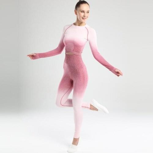 2PCS Yoga Set Women Long Sleeve Crop Tops And High Waisted Tummy Control Sport Leggings Gym Clothing Ombre Seamless Sport Suit L