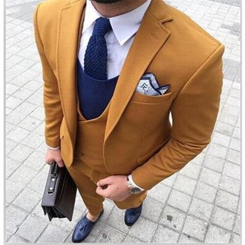 Custom made men suits yellow tweed smart casual suits business wedding street costume slim fit male tuxedo jacket pant vests