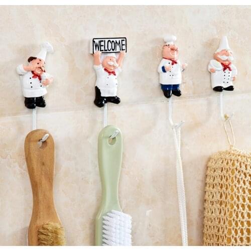 1Pc Resin Cartoon Chef Stainless Steel Hook Wall Mounted Powerful Adhesive Key Hanging Hook Rustproof Towel Storage Hook Rack
