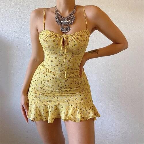Summer Floral Spaghetti Strap Mini Dress Women Y2K Clothes Plus Size Skinny Bandage Cottagecore Print Beach Dresses 2021 Vestido