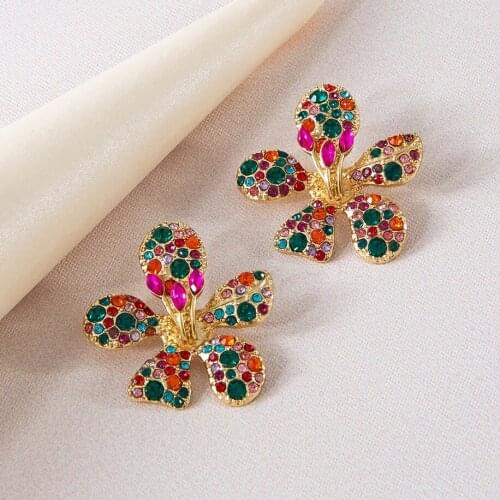 Hot Fashion Women Shiny Gold Color Colorful Rhinestone Big Stud Earring for Women Girls Jewelry