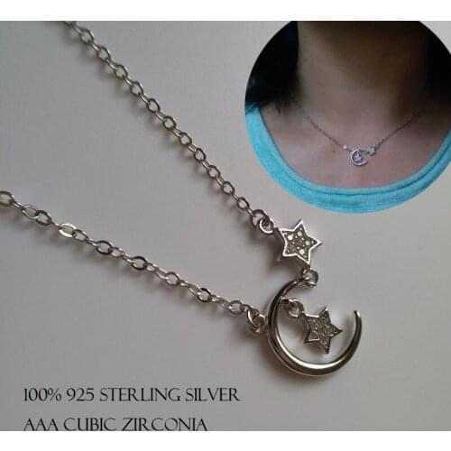 Fashion 100% S925 sterling silver moon star pendant necklace for women Simple cubic zirconia Clavicle chain for Valentines day