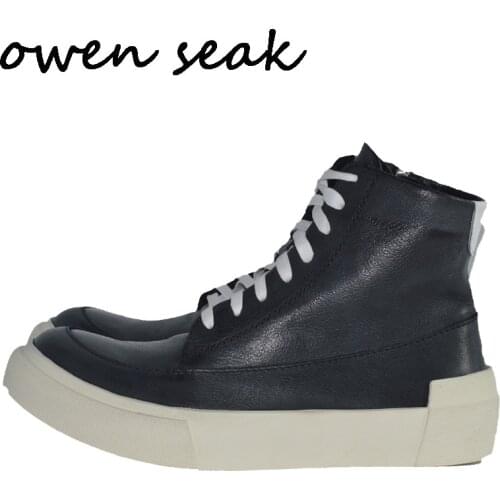 Owen Seak Men Shoes Genuine Leather High-TOP Zip Ankle Luxury Trainers Spring Boots Casual Lace-up Flats Black Shoes