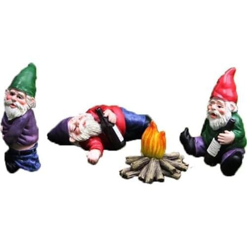 Cute DIY Fairy Garden Drunk Gnomes Miniature Ornaments Set Mini Dwarf Bonfire Statues for Planter Flowerpot Decor Accessories
