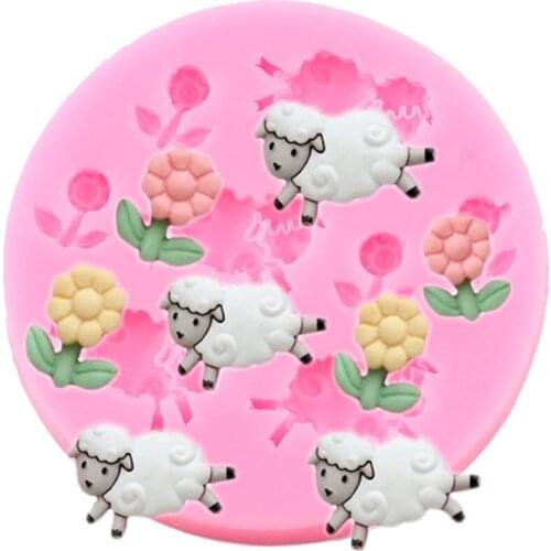 Sheep Flowers Silicone Mold DIY Cupcake Topper Fondant Mould Baby Birthday Cake Decorating Tools Candy Chocolate Gumpaste Mould