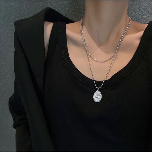 Letter Good Luck Disc Oval Pendant Necklace for Women & Men Titanium Steel Double Layer Chain Choker Collares Vintage Jewelry