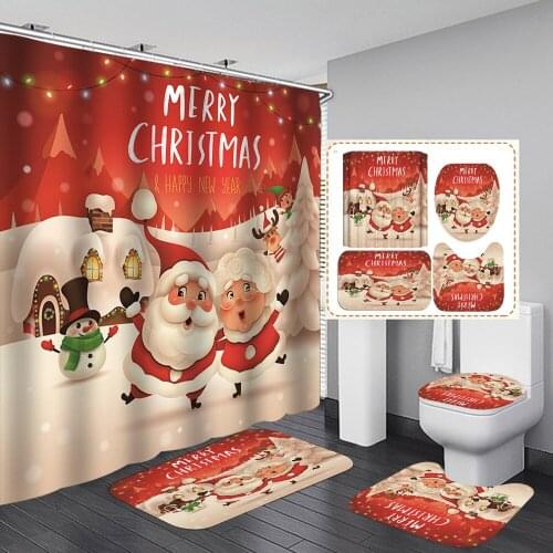 Merry Christmas Shower Curtains and Bath Mat Set Santa Couple Elk Snowman Bathroom Curtain Non-Slip Rug Lid Toilet Cover Carpet