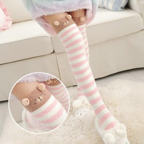 Kawaii Animal Striped Coral Fleece Over Knee Warm Stockings