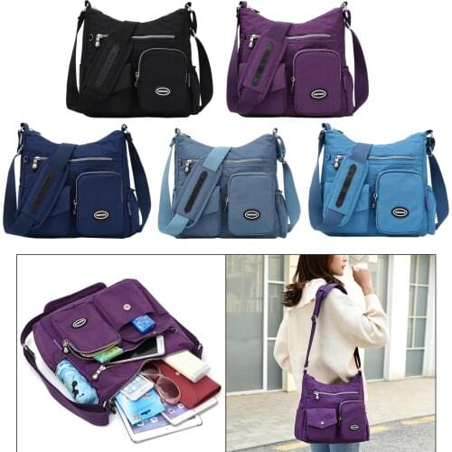 Multi-Pocket Waterproof Nylon Casual Bag Handbags for Women Travel College navy blue