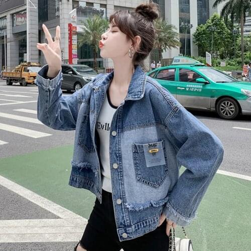 2021 Autumn Denim Jacket Womens Splicing Korean Loose Short Coat Female Tops Long Sleeve Pocket Vintage Jean Jacket Women