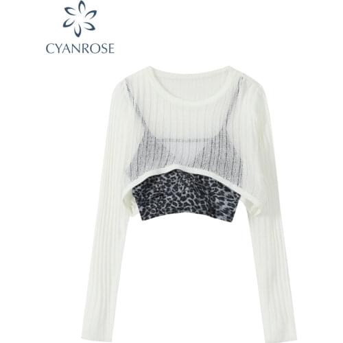 White Hollow Out Suspender Long Sleeve T-shirt Women 2021 Summer Leopard Sling Sexy Perspective Bottoming Shirt Crew Short Top