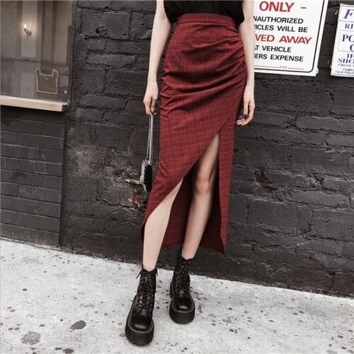 Fashion Summer Punk Gothic Girl High Split Pleated Skirts 2021 Women Sexy Red Plaid High Waist Long Skirt Female Streetwear New