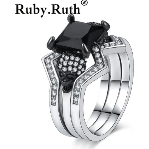 Womens Skull Ring Black CZ Stone Punk skull mens jewelry Rings Set