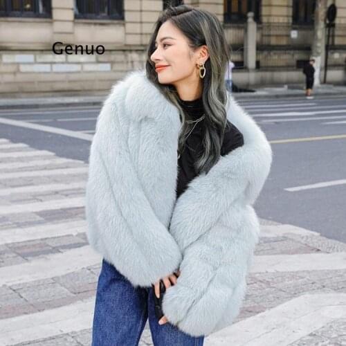 Women Faux Fox Fur Coat Winter Fashion Sky Blue Long Luxury Fake Fox Fur Jacket with Lapel Collar High Quality Overcoats Outwear