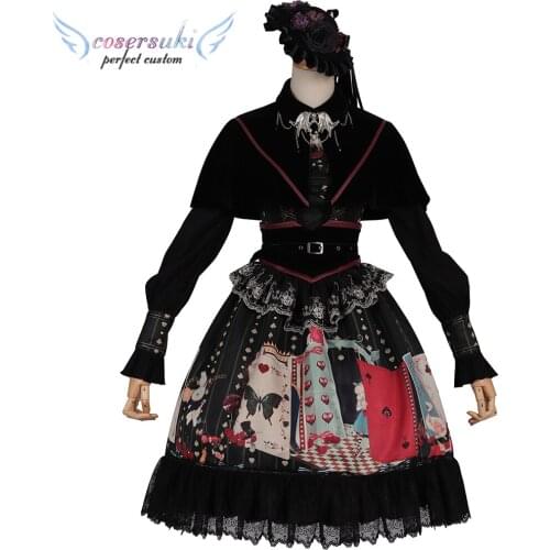 Dark Gothic Lolita Womens Poker Printing OP Dress Long Sleeve Vintage Falbala Victorian Dress Kawaii Girl Costume