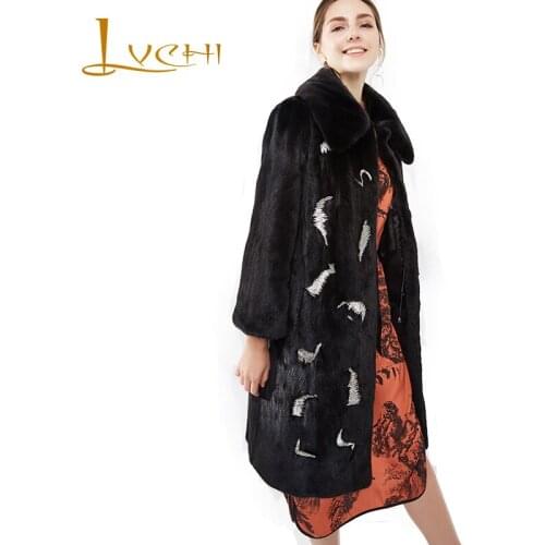 LVCHI Winter 2019 Imported Crown Swan Velvet Mink Womens Natural Fur Coat Beading Mink Coats Nine Quarter Medium Mink Fur Coats