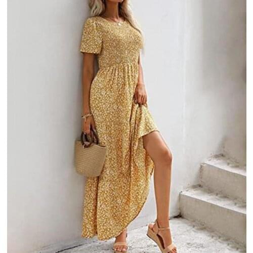 2021 New Long Dress Short Sleeve Maxi Skin-friendly Print High Waist O Neck Women Sundress