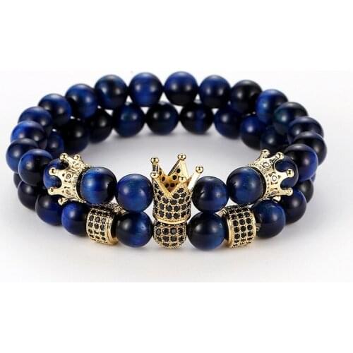 8mm 2PCS/Set f32 Elastic Adjusted Nature Blue Tigereye Bead Micro Pave CZ Zircon Cubic Zirconia Crown Bracelet