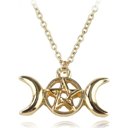 Triple Moon Goddess Pendant For Women Men Wicca Pentagram Magic Supernatural Amulet Necklaces Stainless Steel Jewelry