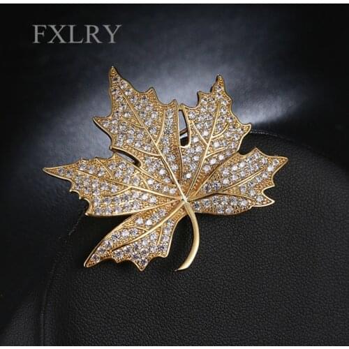 FXLRY Queen Jewelry CZ Maple Leaf Brooches And Pins Micro Pave CZ Victorian Style Vintage Maple Broach For Mother