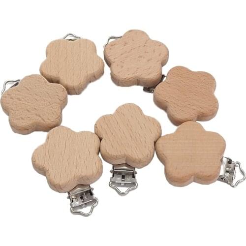 Chenkai 5PCS Wood Flower Pacifier Clip Nature Baby Rattle Teether Grasping Toy DIY Organic Eco-friendly Wood Teething Accessory